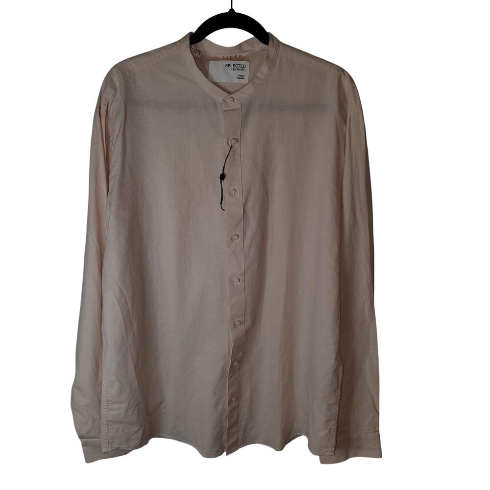 Selected Homme Linen Cotton Band Collar Shirt Light Pink XXL NWOT Minimalist